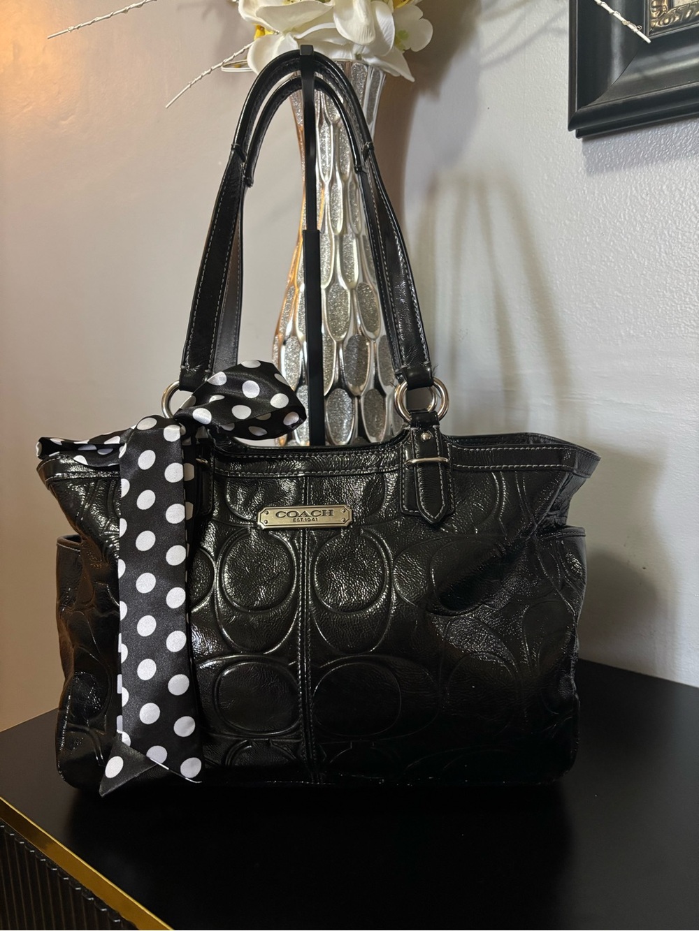 Coach Gallery Embossed Patent Leather Tote (Style Number F19462).Scarf included.